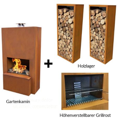 Gartenkamin Komplett als Set (Kamin, 2 x Holzlager)